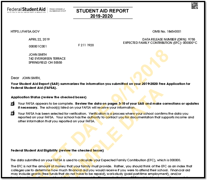 Sample 2019-20 Student Aid Report