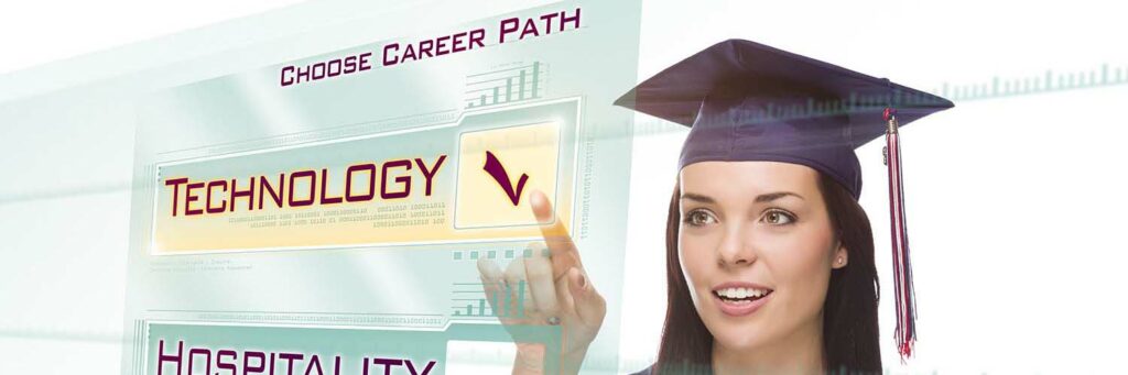 Attractive Young Mixed Race Female Graduate in Cap and Gown Choosing Technology Career Path Button on Futuristic Translucent Panel.