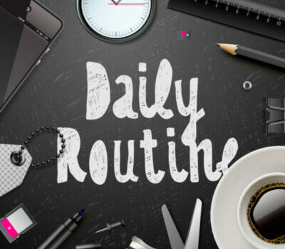 This image shows elements of a daily routine, including modern office supplies, a clock, and a cup of coffee
