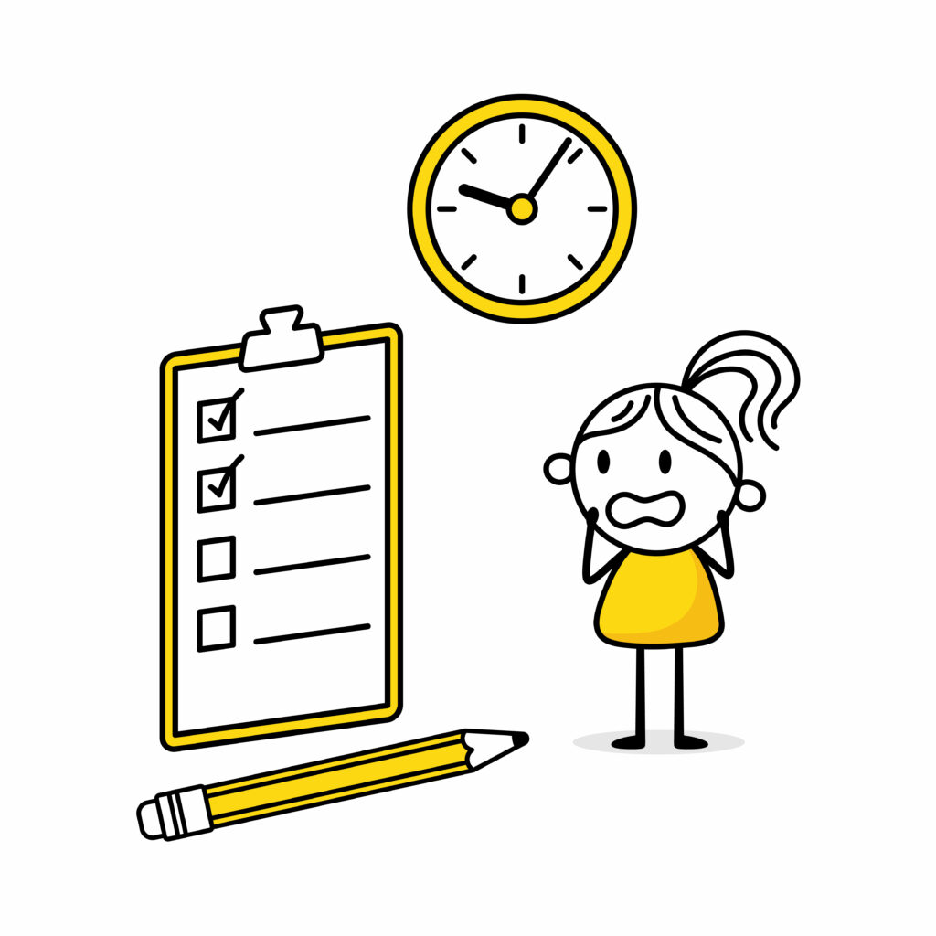 Drawing of a woman standing next to a to-do list and a clock.