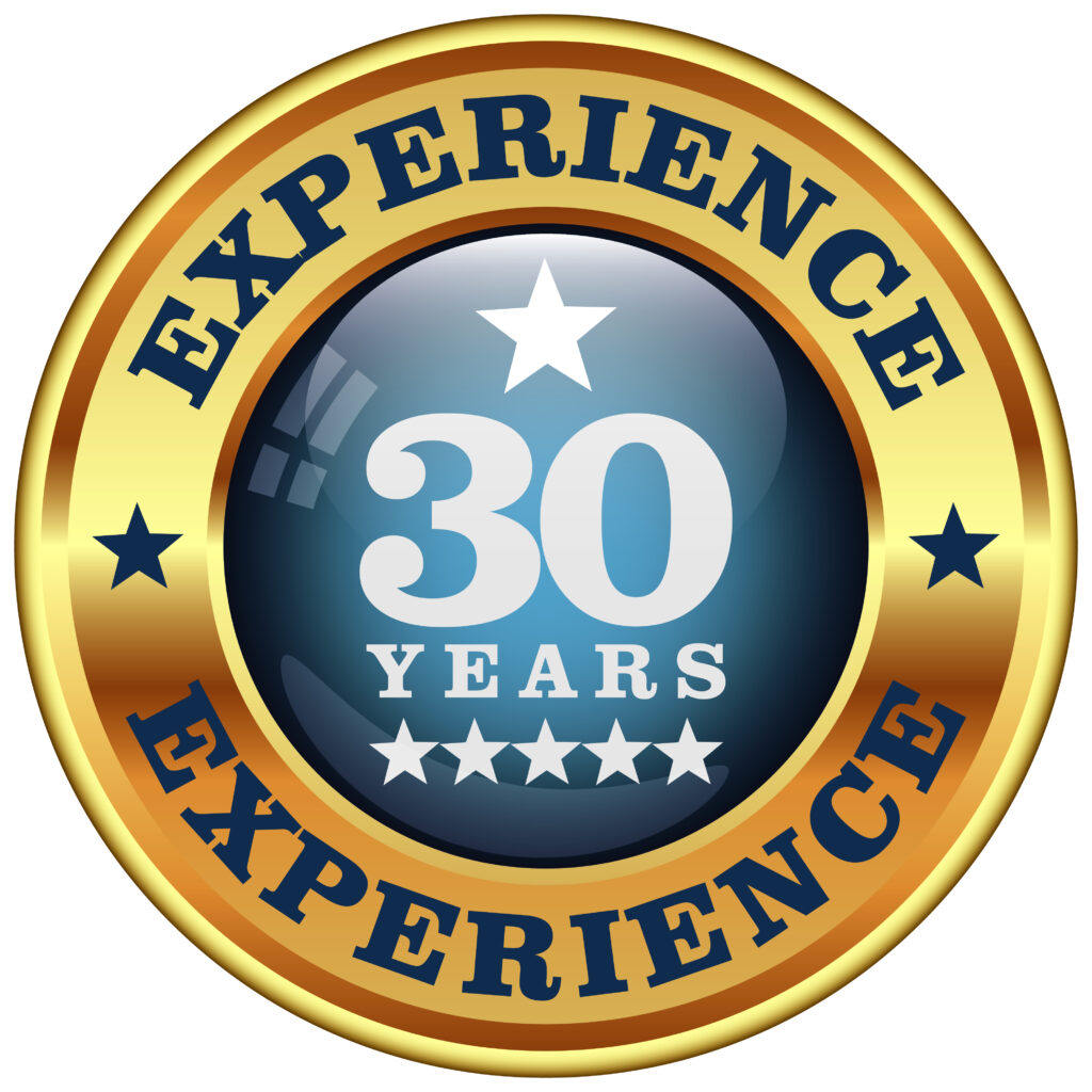Circle with word Experience outlined in gold with 30 Years in middle in blue.